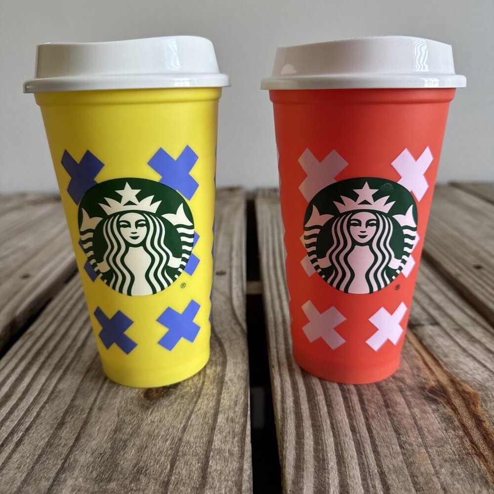 Lot of 2 Starbucks 16 ounce Reusable‎ Coffee Cups X Out Geometric